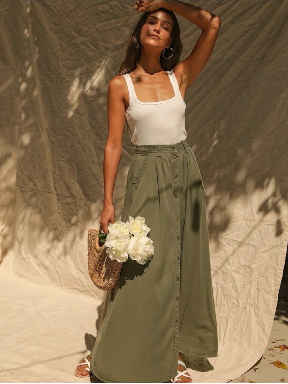 NWT pistola Olive Button-Front Maxi Skirt A-line Size Small